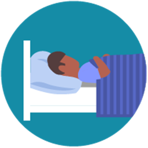 A person with short hair lies in bed, facing left, covered by a blue-striped blanket, suggesting rest in a calm setting with a teal background.