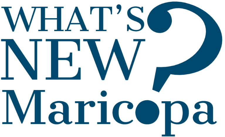 Logo reading 'WHAT'S NEW Maricopa' in bold blue capital letters. The question mark is stylized and integrated into the text for emphasis