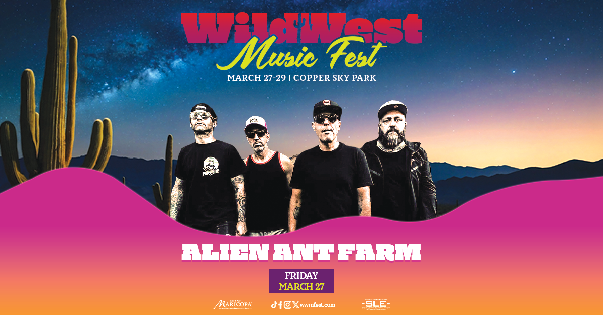 Wild West Music Fest promo poster featuring four band members in front of a desert landscape with cacti at dusk. Bold festival text above.