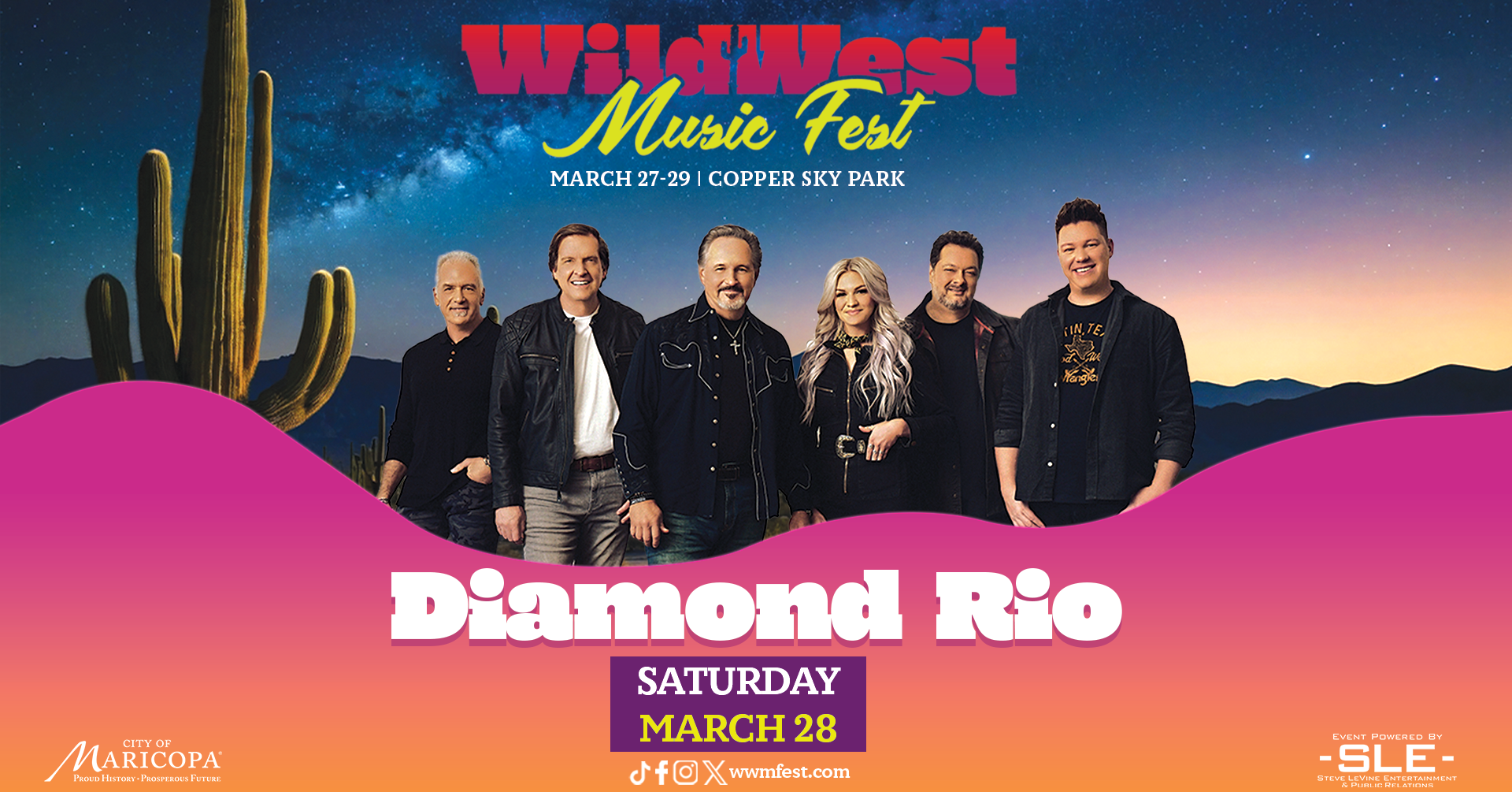 Wild West Music Fest poster featuring six members of Diamond Rio against a twilight desert backdrop with cacti silhouettes. Text details event at Copper Sky Park, March 27–29, highlighting their performance on Saturday, March 28. Bold colors and lively atmosphere conveyed.