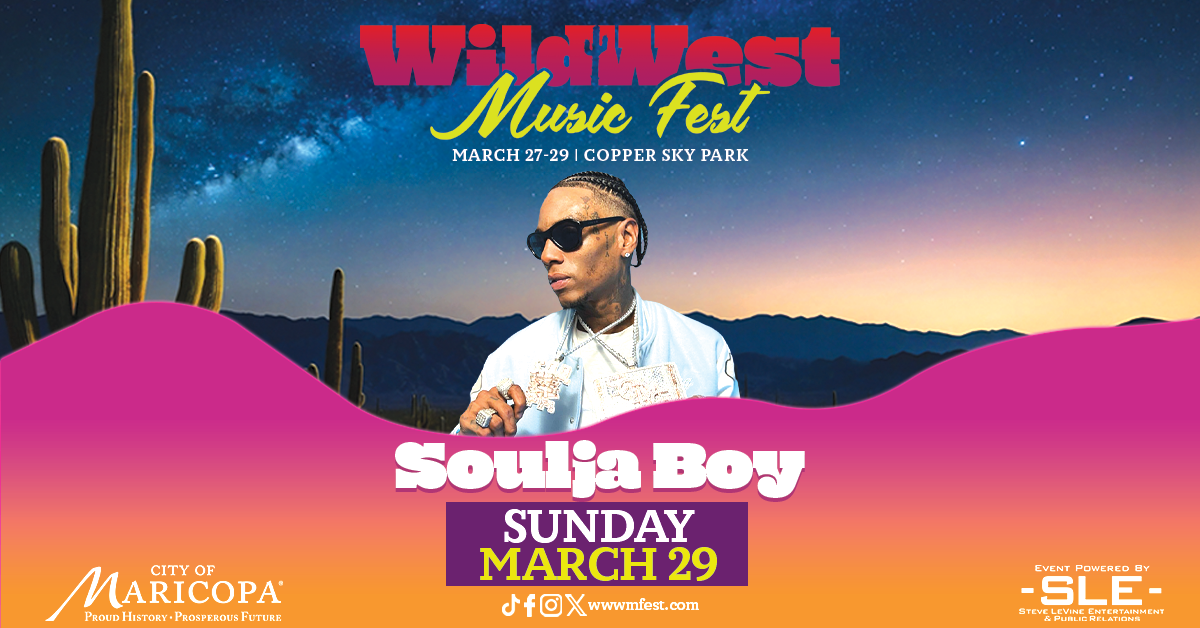 Wild West Music Fest poster featuring a man in sunglasses and a white outfit. Cacti silhouette against a starry night sky. Text: 'Soulja Boy, Sunday March 29.' Vibrant and energetic tone.