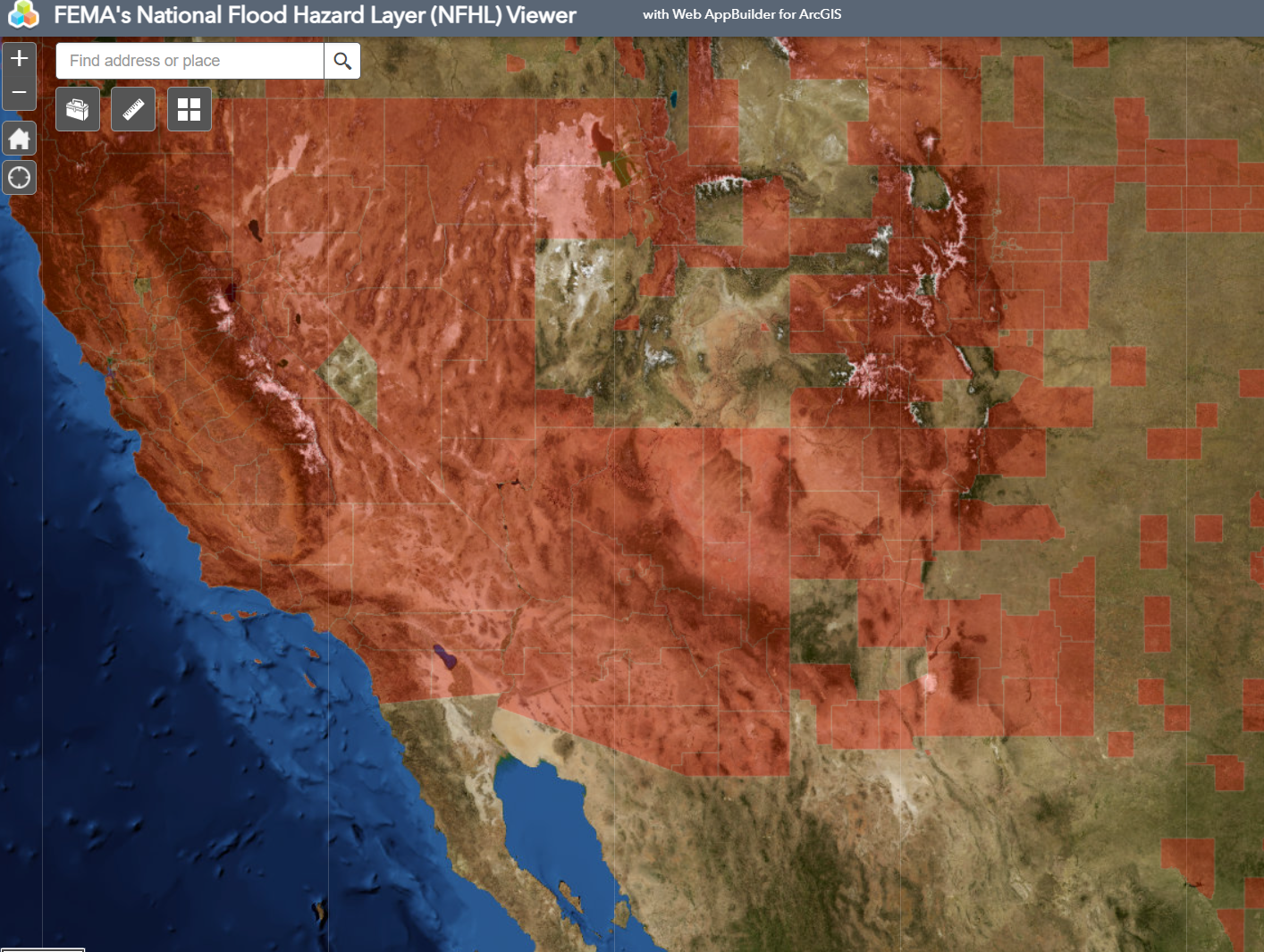 A map displaying FEMA's National Flood Hazard Layer (NFHL) for the western United States, featuring areas shaded in red to indicate flood zones. The map includes satellite imagery of the terrain in the background, with a toolbar visible at the top.