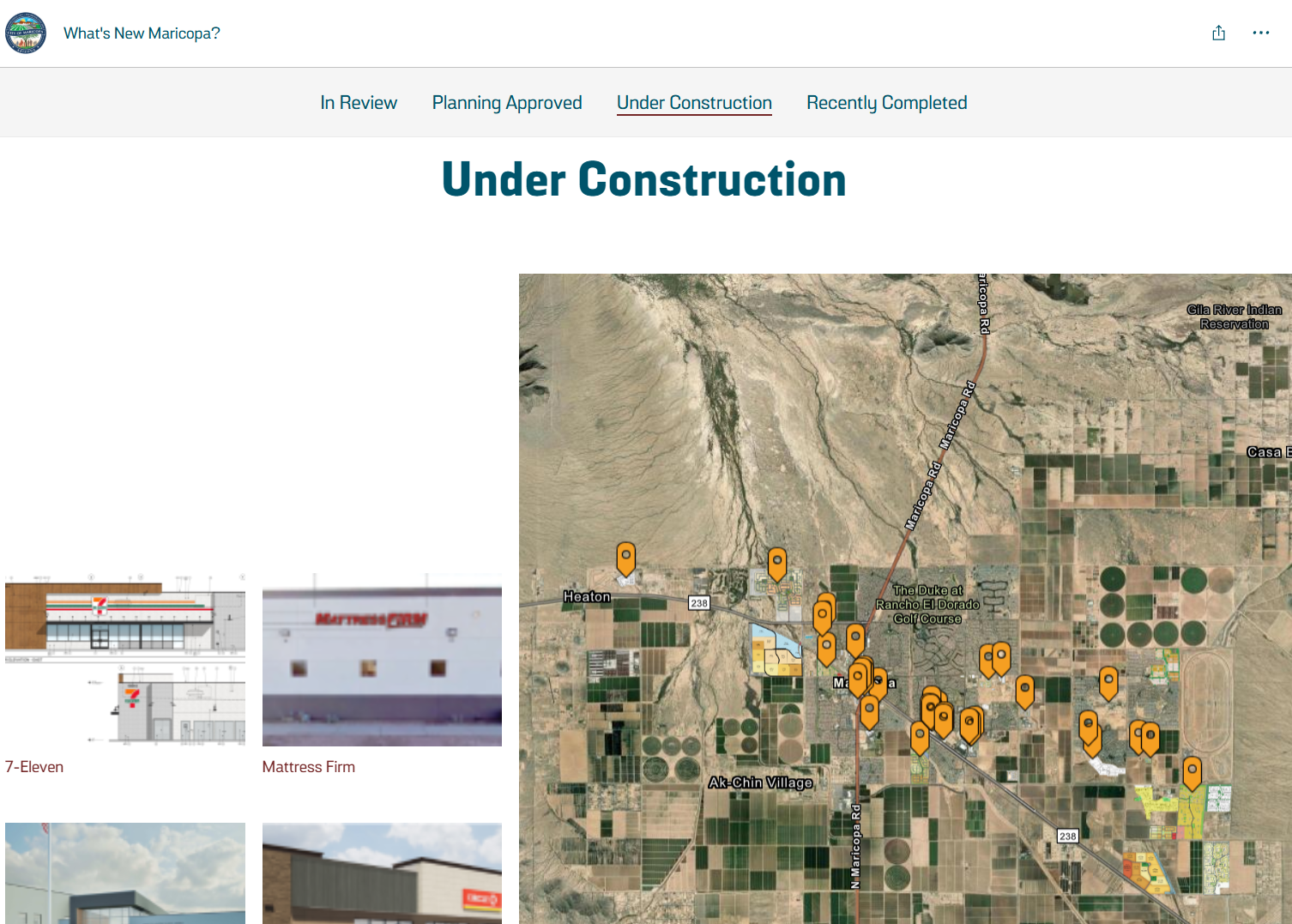 A map displaying the area of Maricopa with various markers indicating locations of projects under construction. Photos of a 7-Eleven and a mattress firm are shown alongside architectural drawings of the buildings.