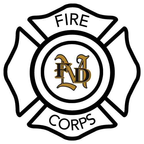 Black and white Fire Corps logo with gold M behind F and D in the center
