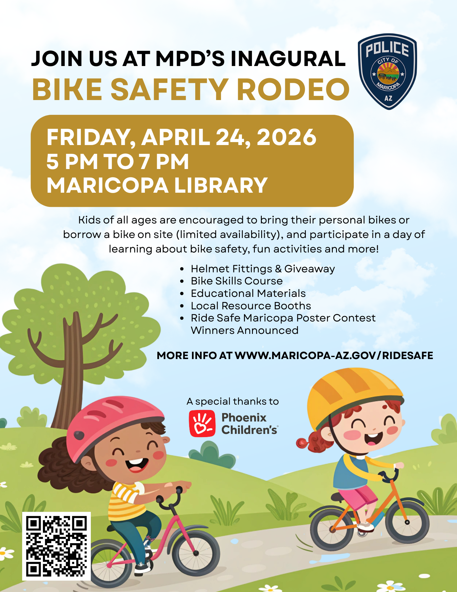 Flyer for the MPD’s Inaugural Bike Safety Rodeo at Maricopa Library on April 24, 2026, from 5-7 PM. Features kids biking, event details, and activities.