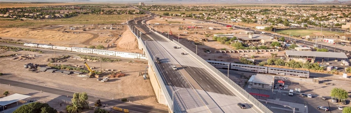 Scenic shot of a bridge on State Route 347 surrounded by desert landscape