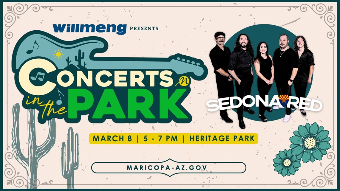 A group of five people in black outfits pose for a concert poster.