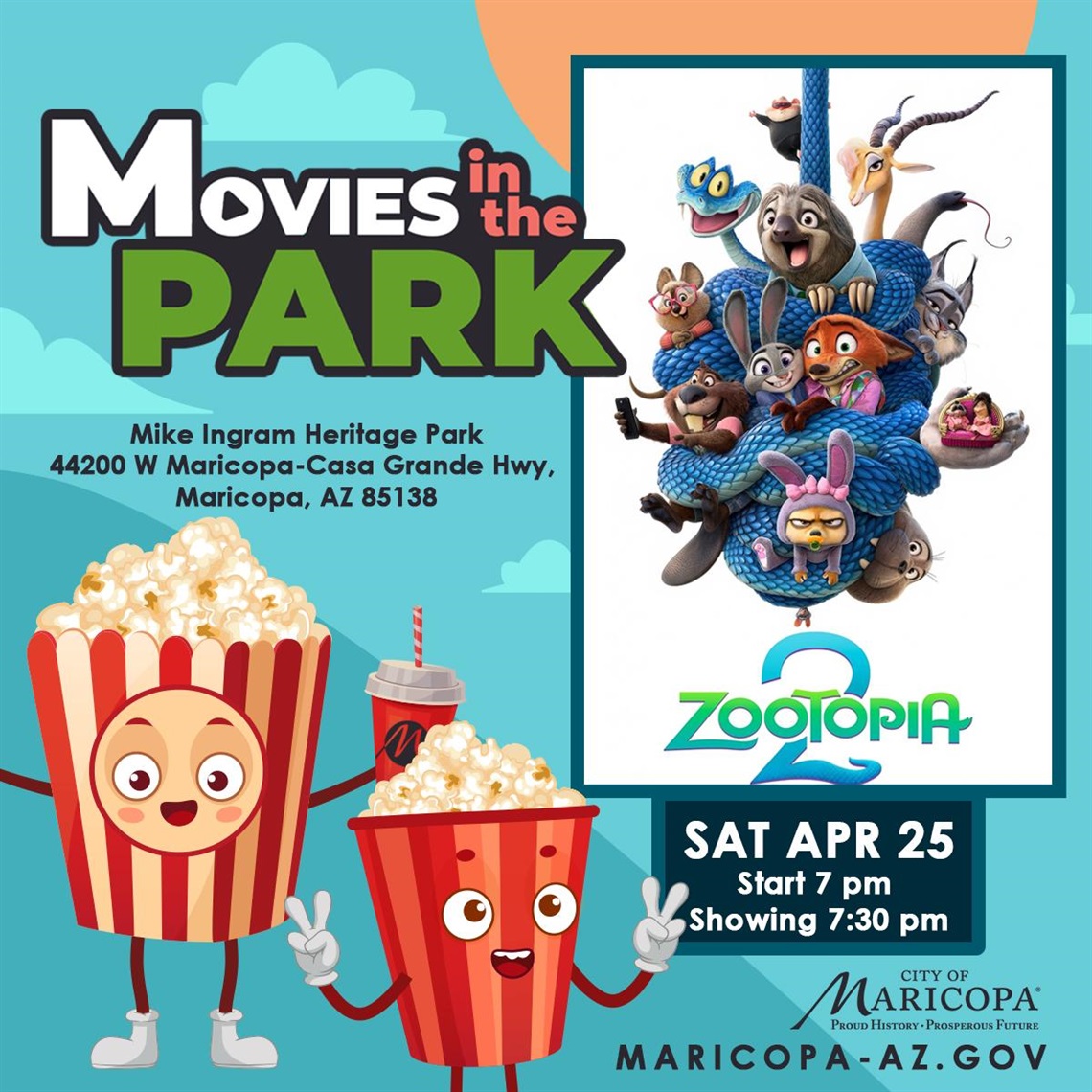 Logo for movies in the park in a dark blue outline with words in multiple colors.