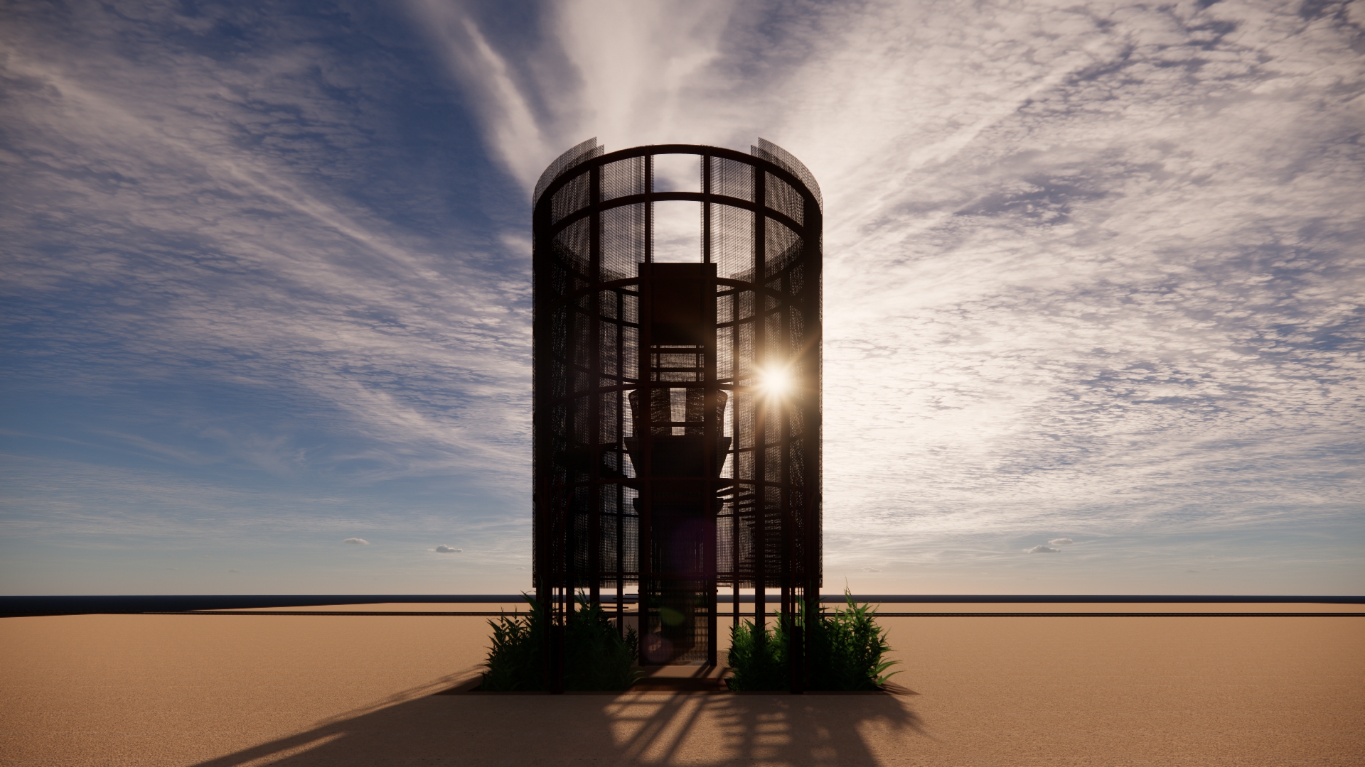 A tall structure with a large circular window is situated on a sandy beach.