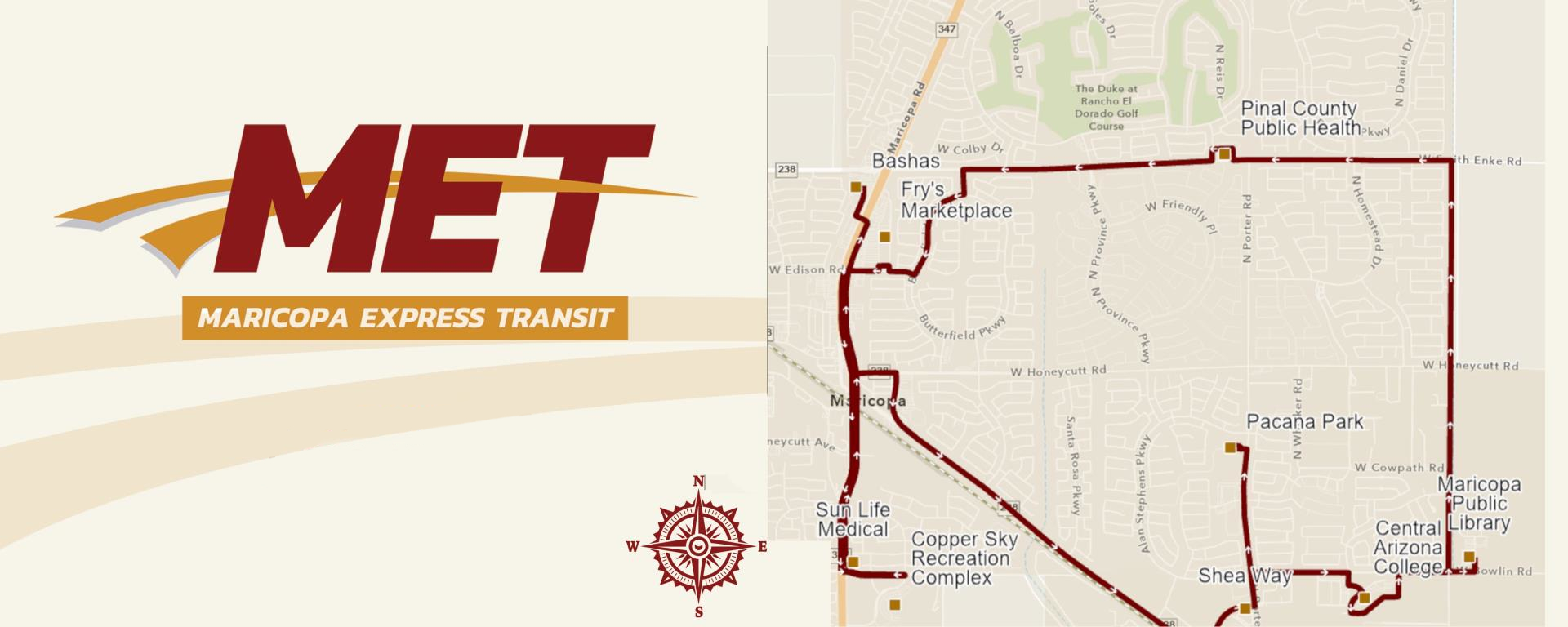Map of Maricopa Express Transit Route with phone number for reservations 1-833-638-7433