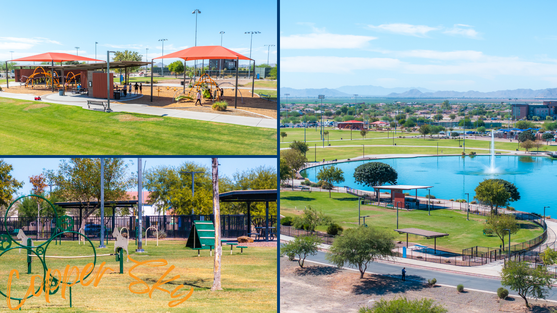 Collage of a sunny park with playgrounds covered by orange canopies, grassy fields, and a blue lake. Background features a cityscape and mountains.